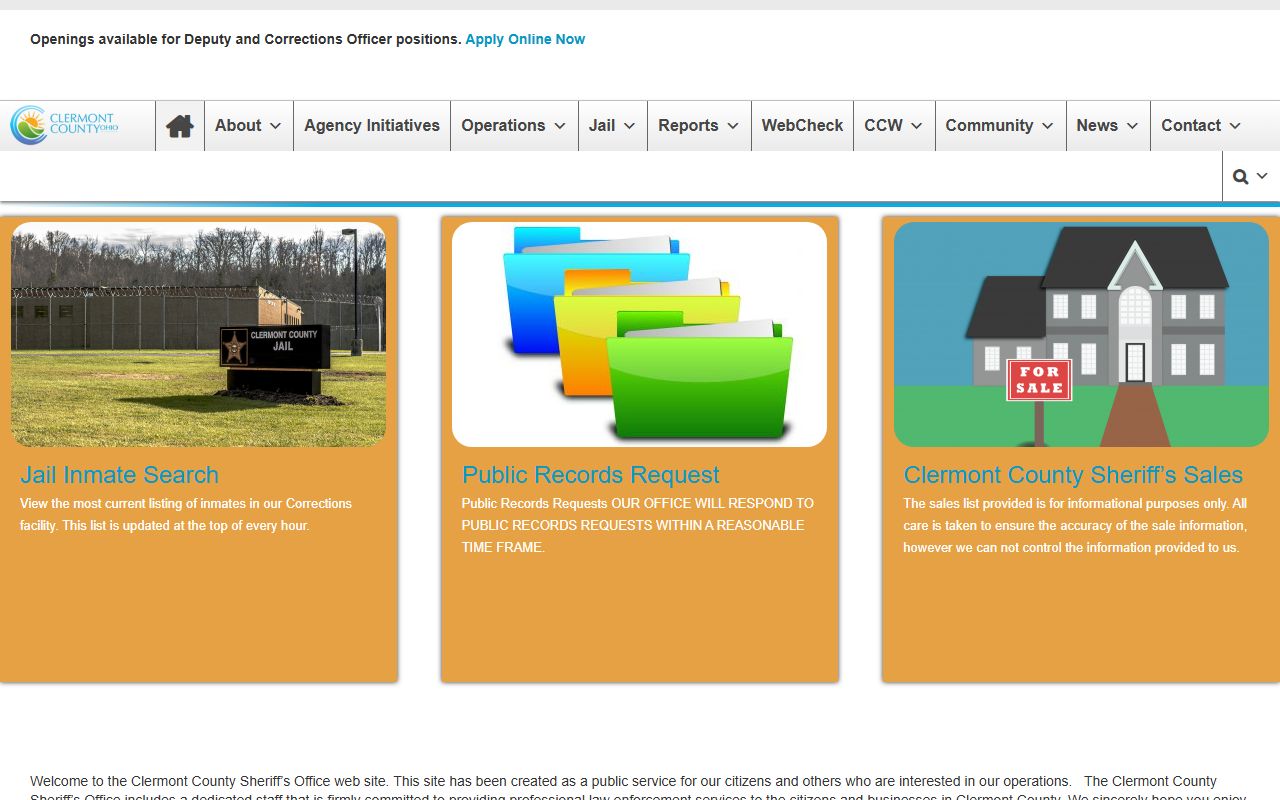 Clermont County Sheriff website for Clermont County warrant records