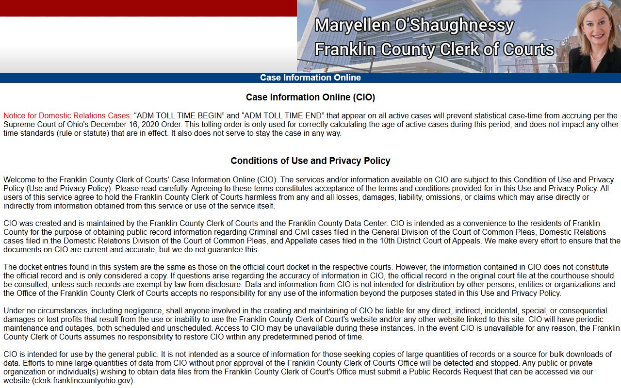 Franklin County Clerk of Courts Case Information Online system for searching warrant records