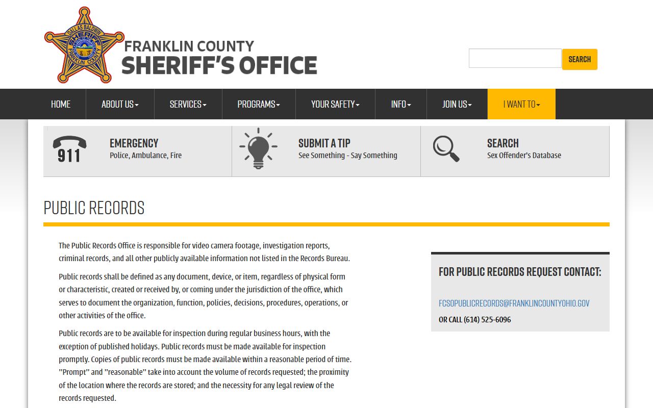 Franklin County Sheriff Public Records request page for warrant records access
