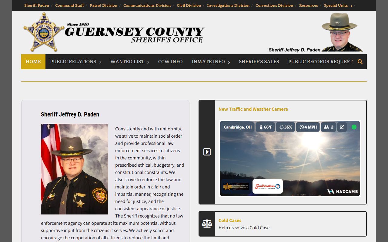Guernsey County Sheriff's Office website with online warrant portal