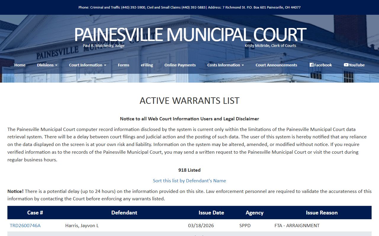 Lake County warrant records Painesville Municipal Court warrants page
