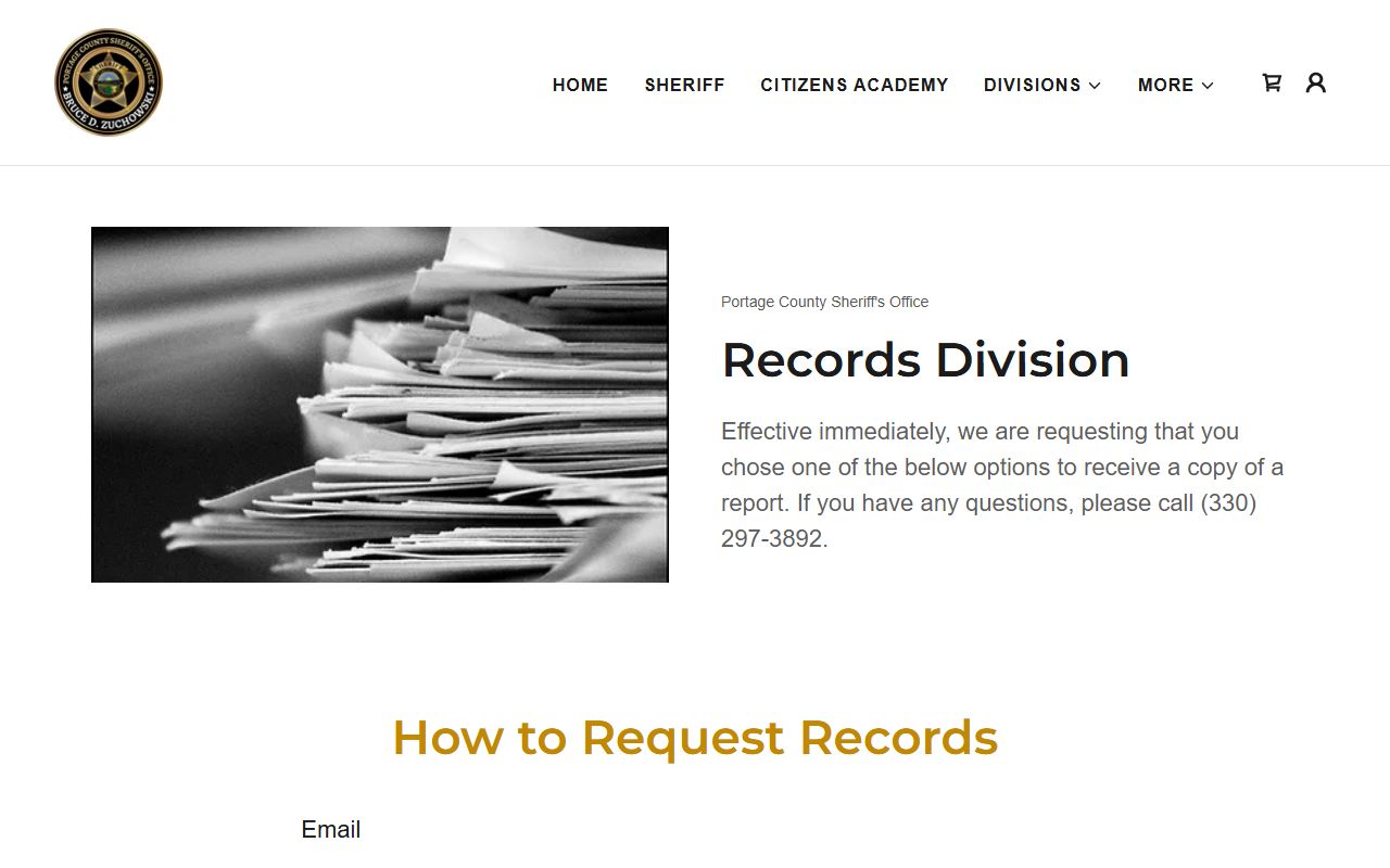 Portage County Sheriff Records Division page
